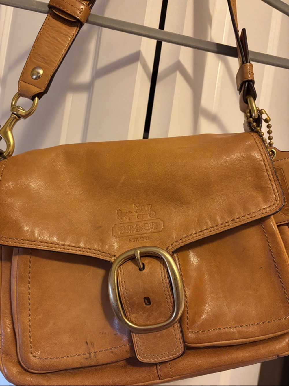 COACH retired tattersall style Tan Leather Buckle Shoulder Bag